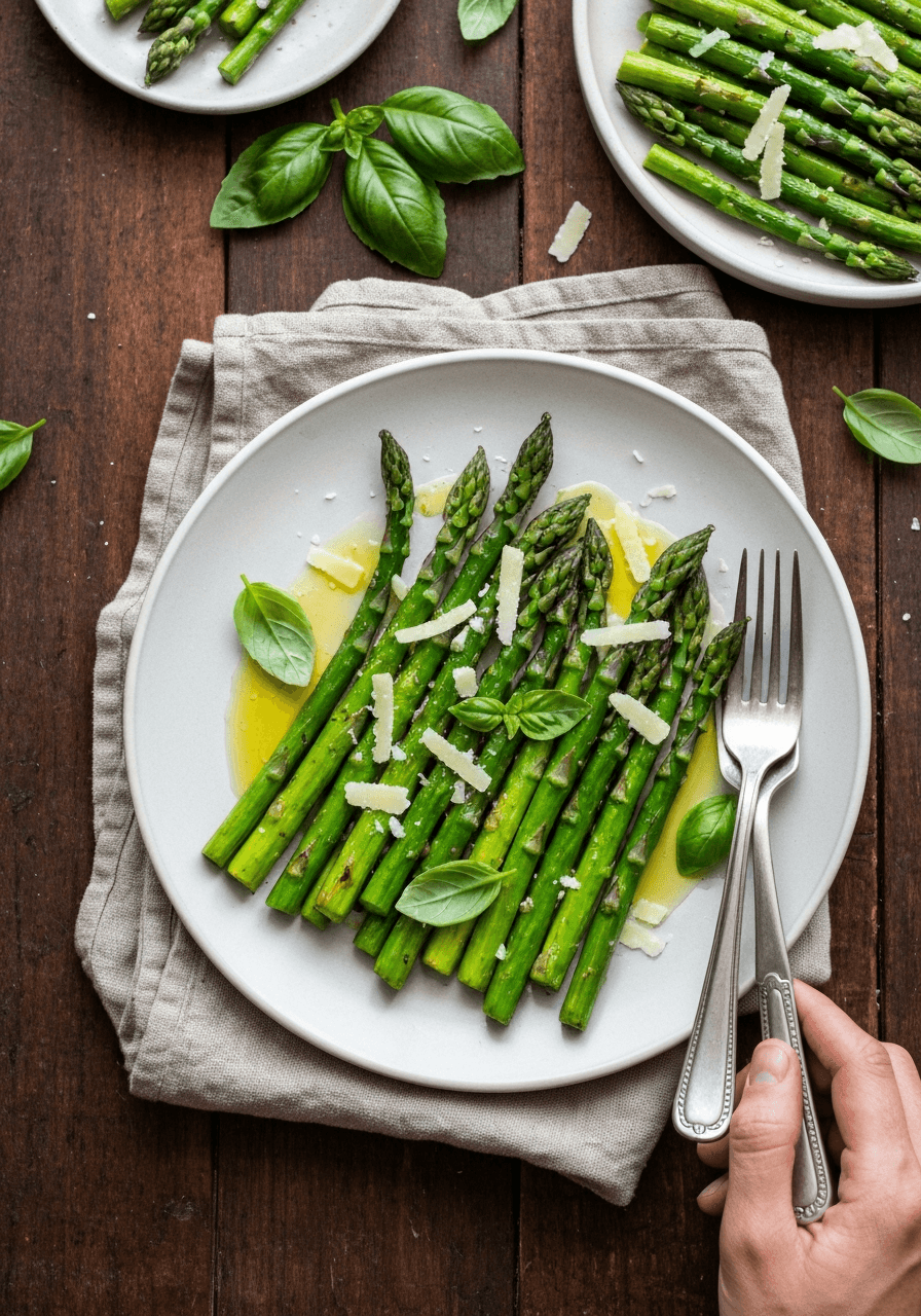 pile of air fryer asparagus with blistered edges and tender centers.