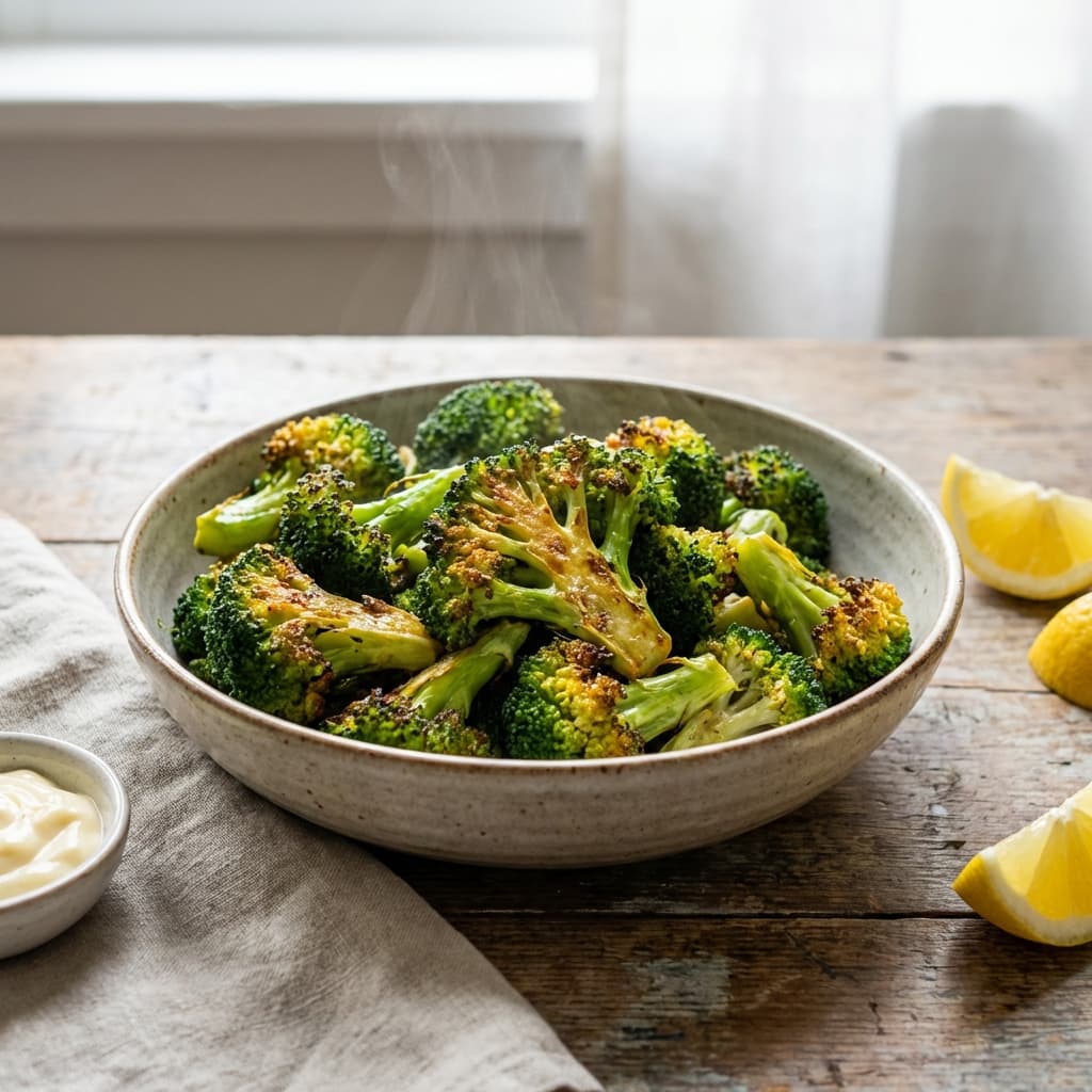 Air fryer broccoli with browned, crispy tips served with lemon wedges