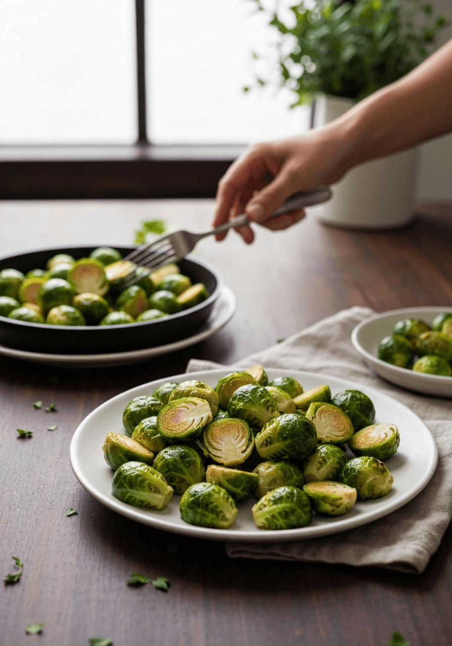 Air fryer Brussels sprouts on a plate, showing their crisp, slightly charred edges.