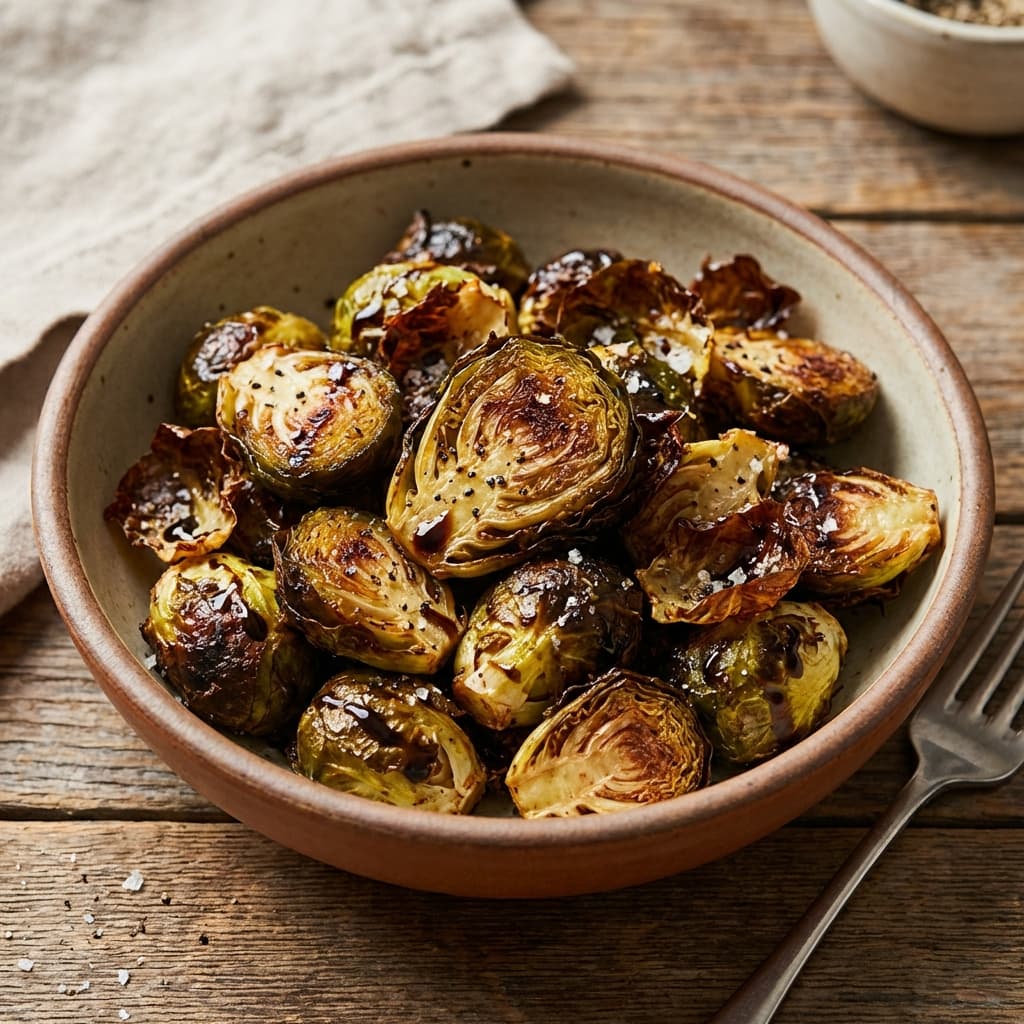 Air fryer Brussels sprouts with browned, crisp leaves served with lemon wedges