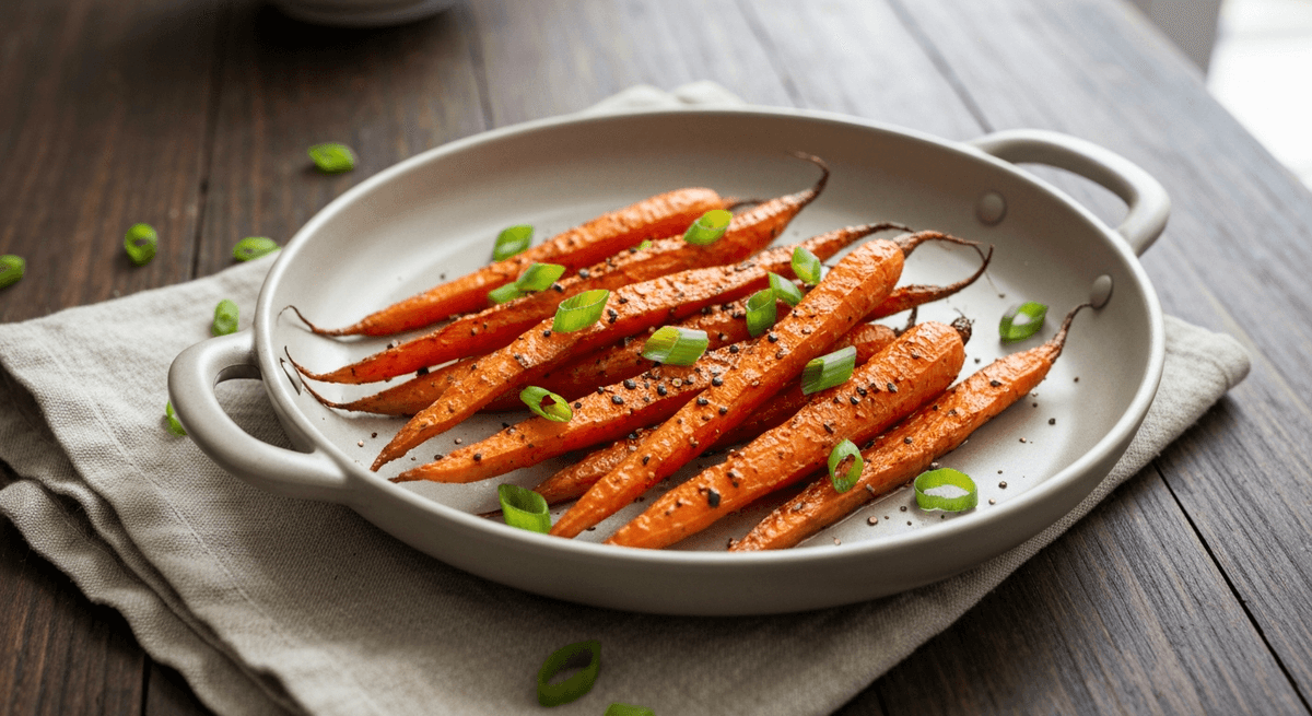 Air fryer carrots with browned edges and a savory glaze