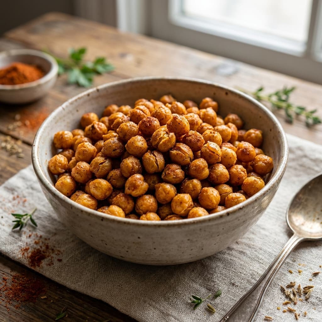 Crispy air fryer chickpeas in a bowl with spices