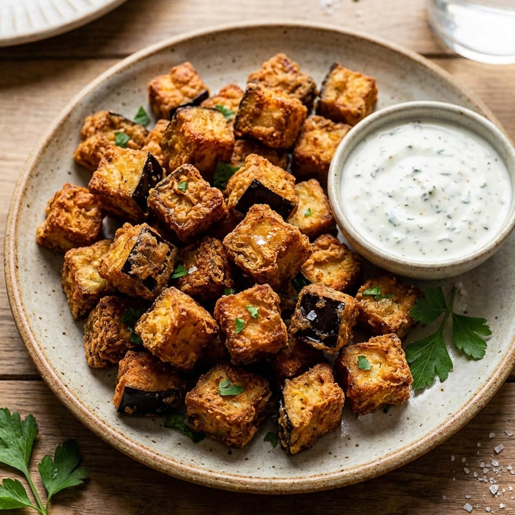 Air fryer eggplant cubes with browned edges finished with lemon