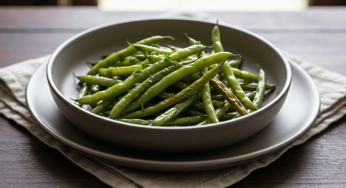 Air fryer green beans with blistered skins finished with lemon