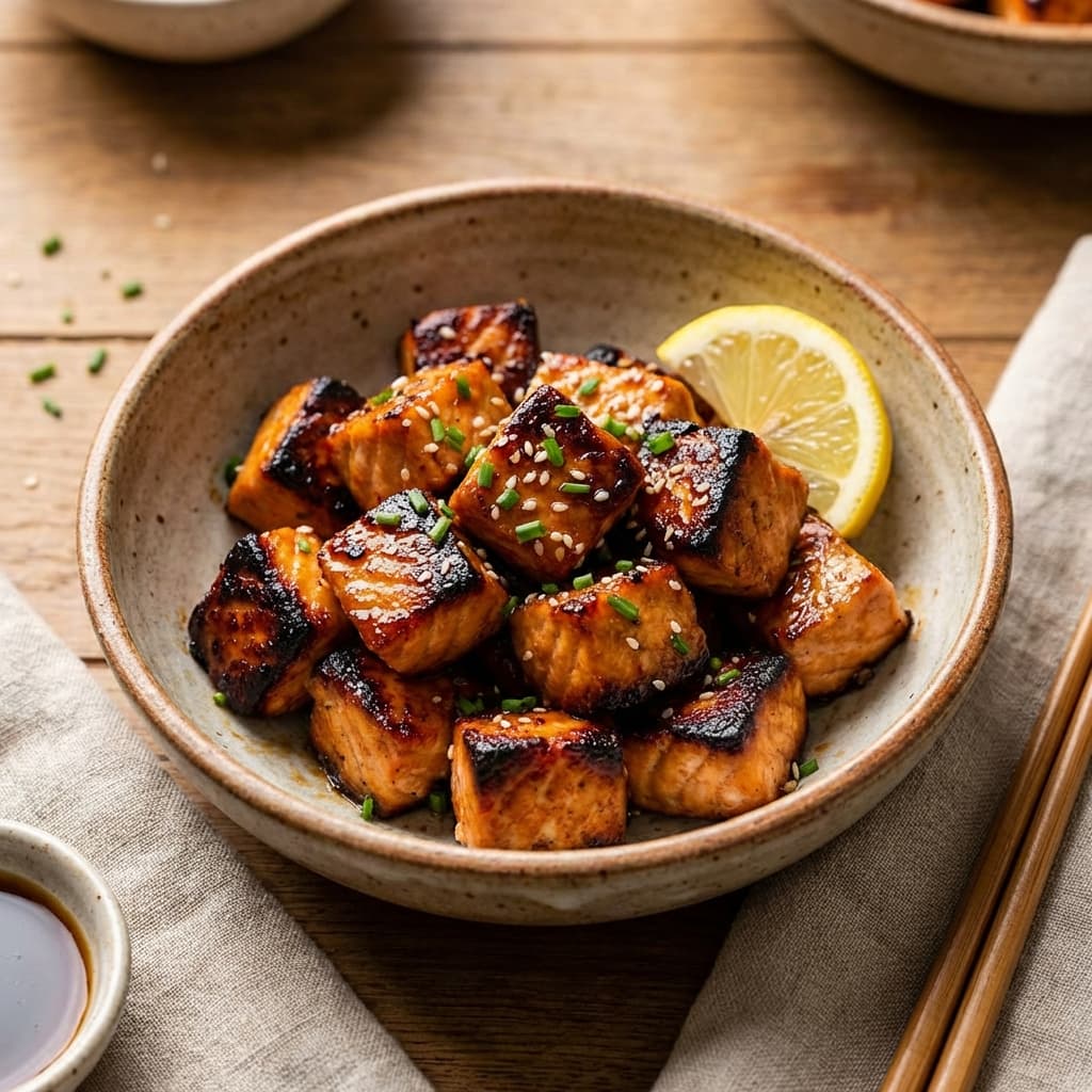 Air fryer salmon bites with browned edges and lemon wedges