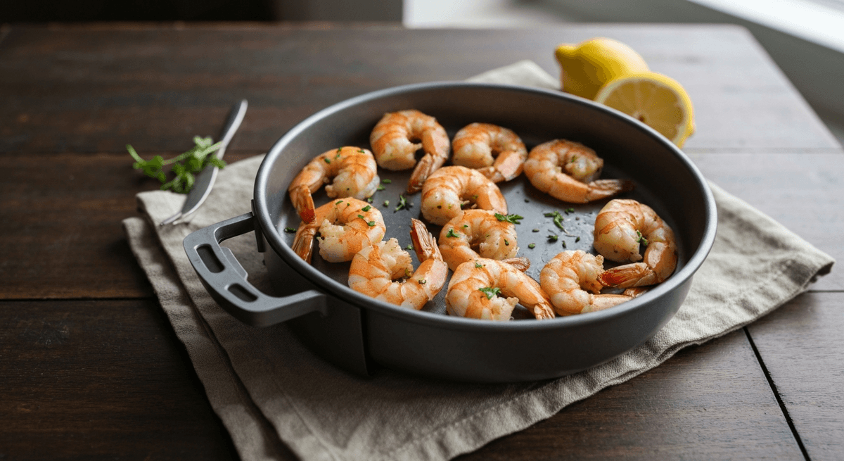 Air fryer shrimp tossed with garlic, chile flakes, and lemon served in a bowl