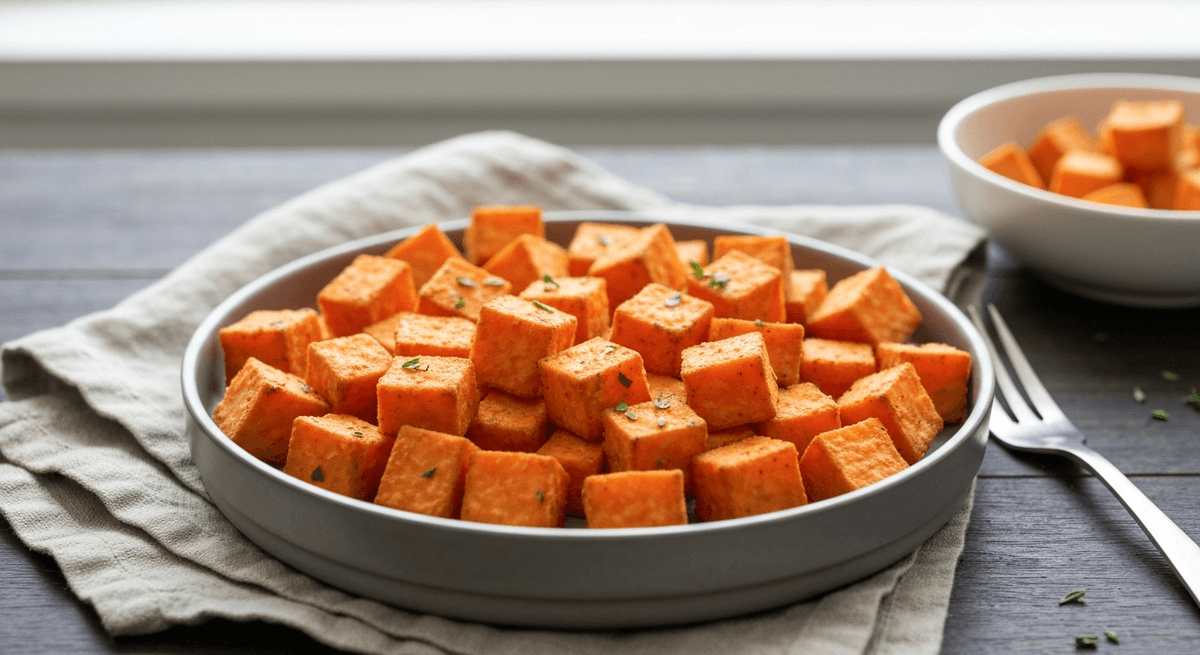 Air fryer sweet potato cubes with browned crisp edges served in a bowl