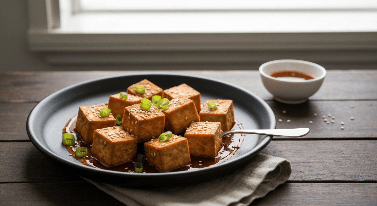 Air fryer tofu cubes with browned crisp edges served in a bowl with scallions