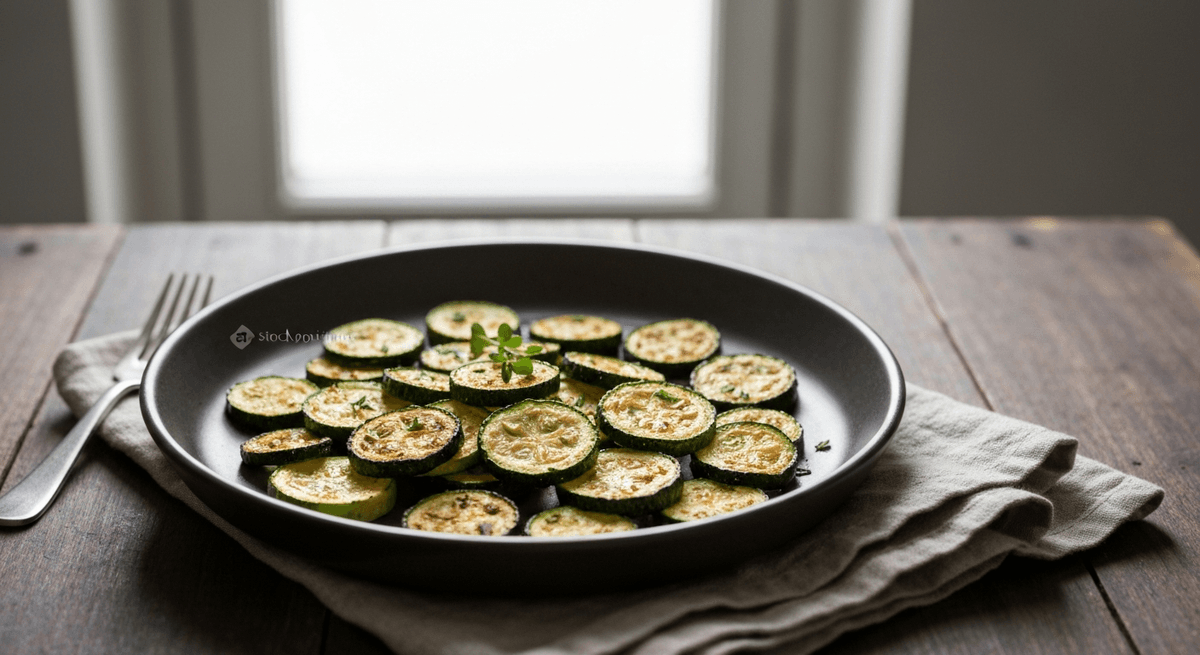 Air fryer zucchini coins with browned edges and a lemon finish