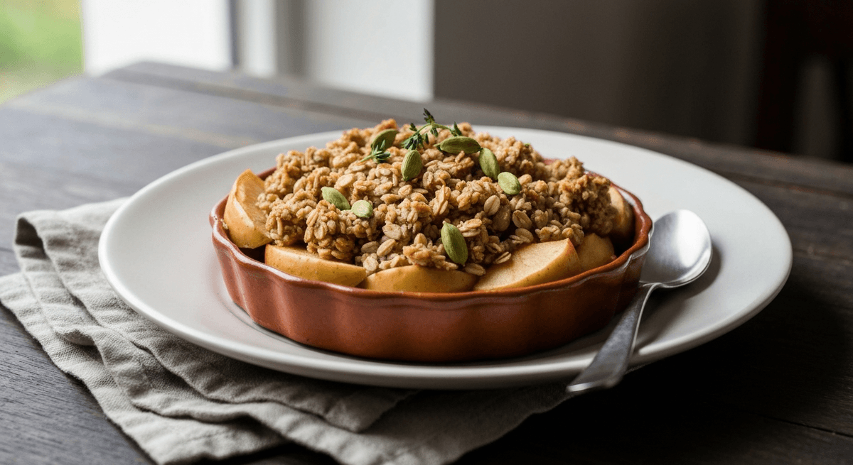 Warm, spiced apples meet a crispy oat topping infused with cardamom. This apple crisp is pure comfort in every bite.