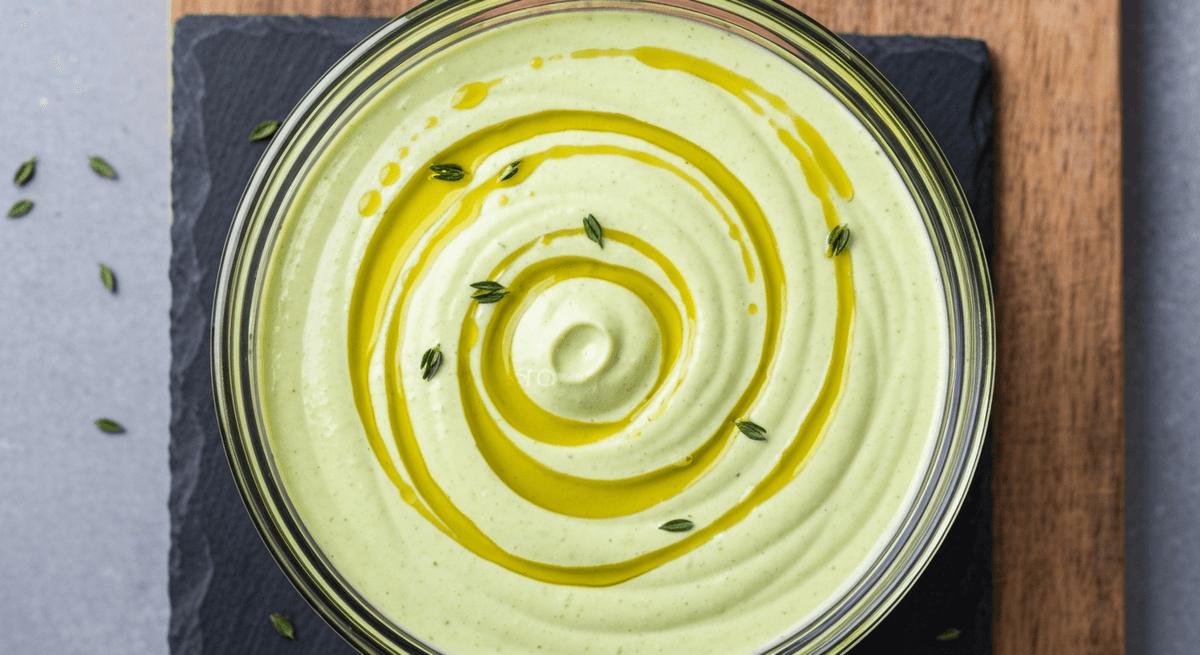 A bowl of creamy avocado lime dressing with lime wedges