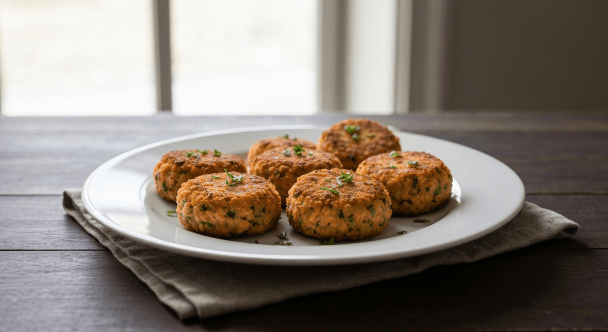 Baked salmon cakes with crisp edges served with lemon wedges