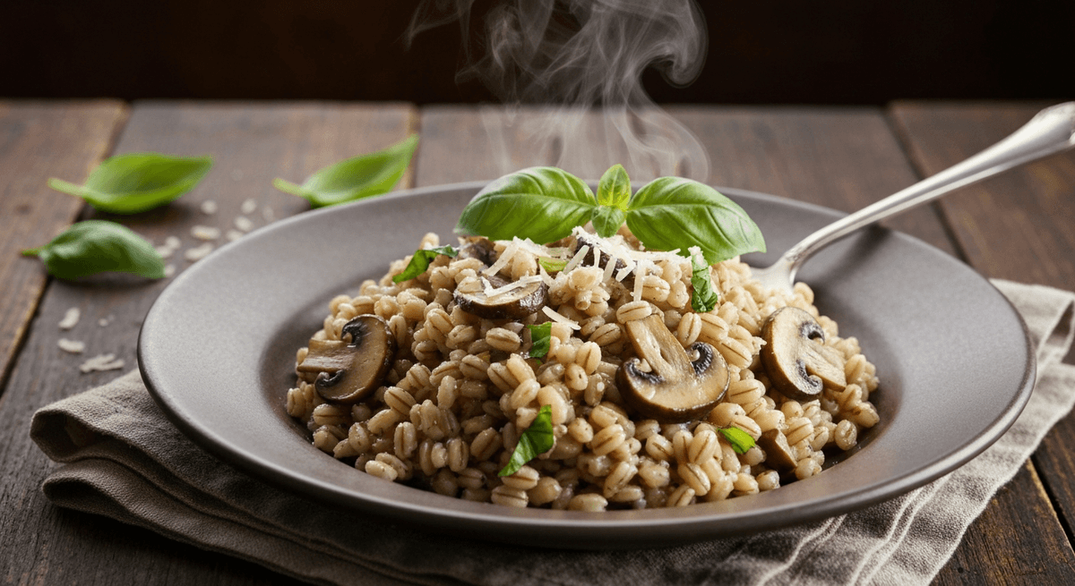 A bowl of creamy barley with browned mushrooms and grated Parmesan