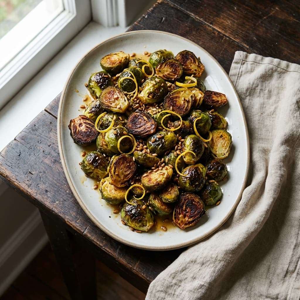Benne Hot Honey Brussels (Crisp + Sticky): Charred sprouts with toasted sesame snap and sweet heat glaze.