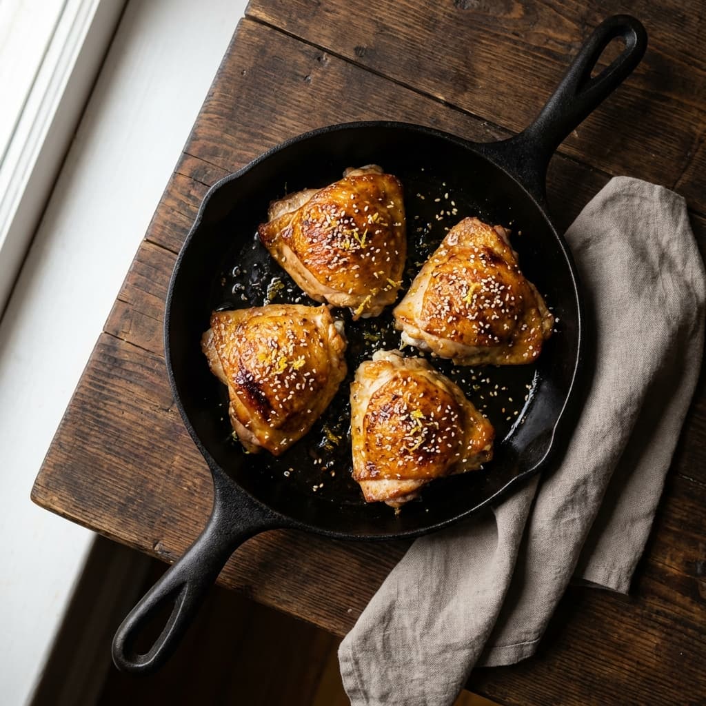 Benne-Seed Hot Honey Chicken Thighs: Crisp skin, sweet heat, and toasted sesame crackle.