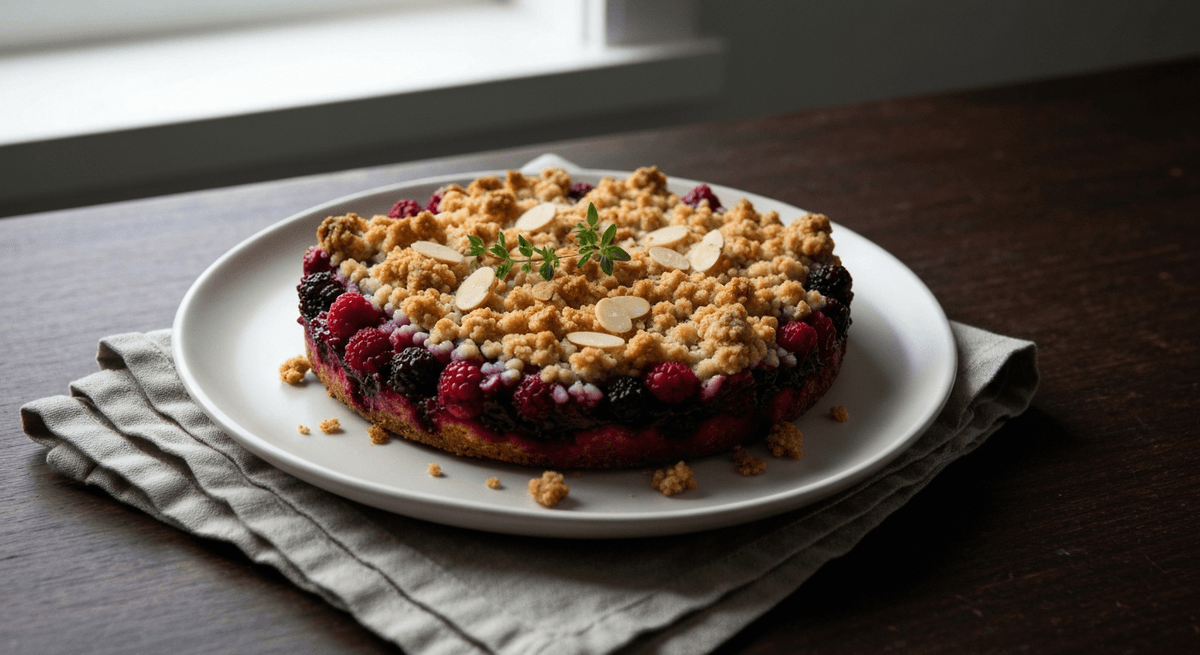 A warm, comforting berry crumble with a nutty almond twist. The perfect dessert for showcasing summer's fresh berries.
