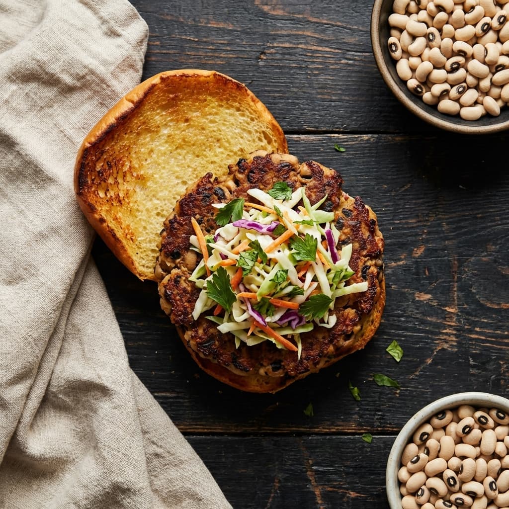 Black-Eyed Pea Smash Burgers (Pepper-Vinegar Slaw): A burger with Southern backbone and crunch.