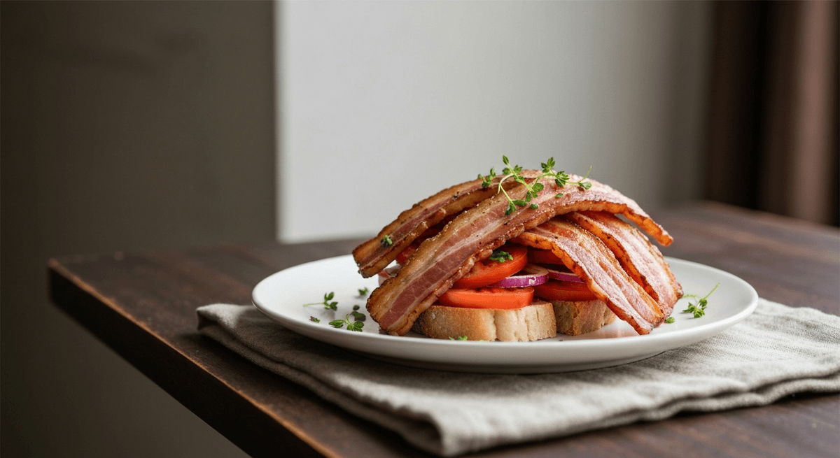 BLT — Elevated Thick Bacon: Crispy, flat-cooked thick-cut bacon elevates the classic BLT to new heights. A symphony of textures and flavors in every bite.