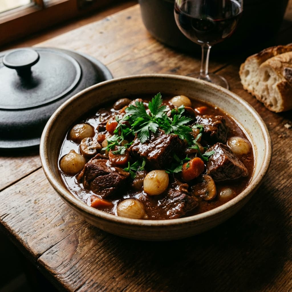 Boeuf Bourguignon: Beef braised in wine until it can be eaten with a spoon.
