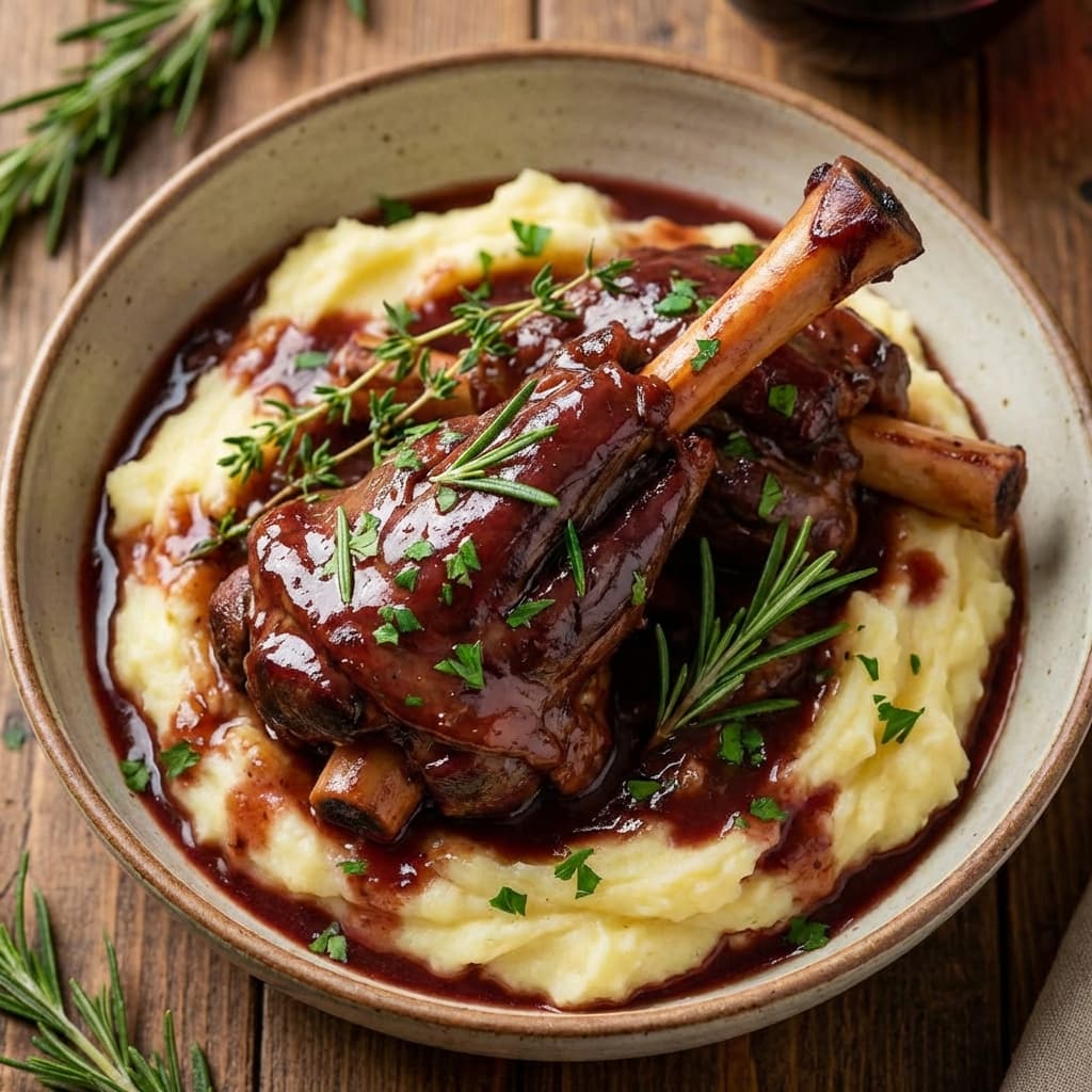 Braised Lamb Shanks: Tough meat turned to butter by time and liquid.