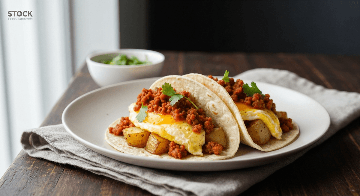 Wake up to a Tex-Mex fiesta with these breakfast tacos! Spicy chorizo, fluffy eggs, and crispy potatoes create a handheld delight that's ready in minutes.