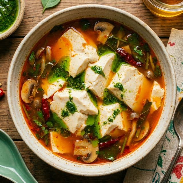 Large shards of silken tofu in a clear, spicy red Thai curry broth with vibrant green herb oil splashes.