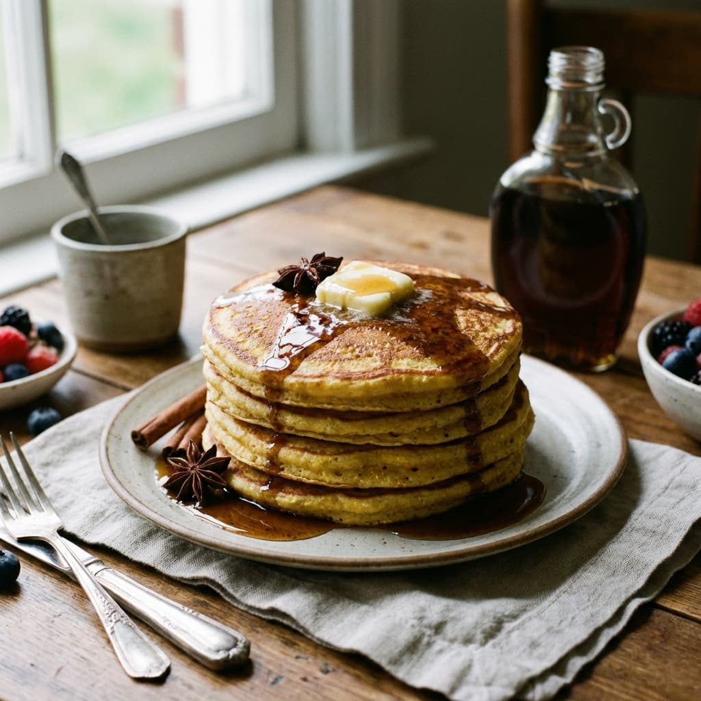 Cornmeal pancakes with crisp edges and warm-spice syrup.