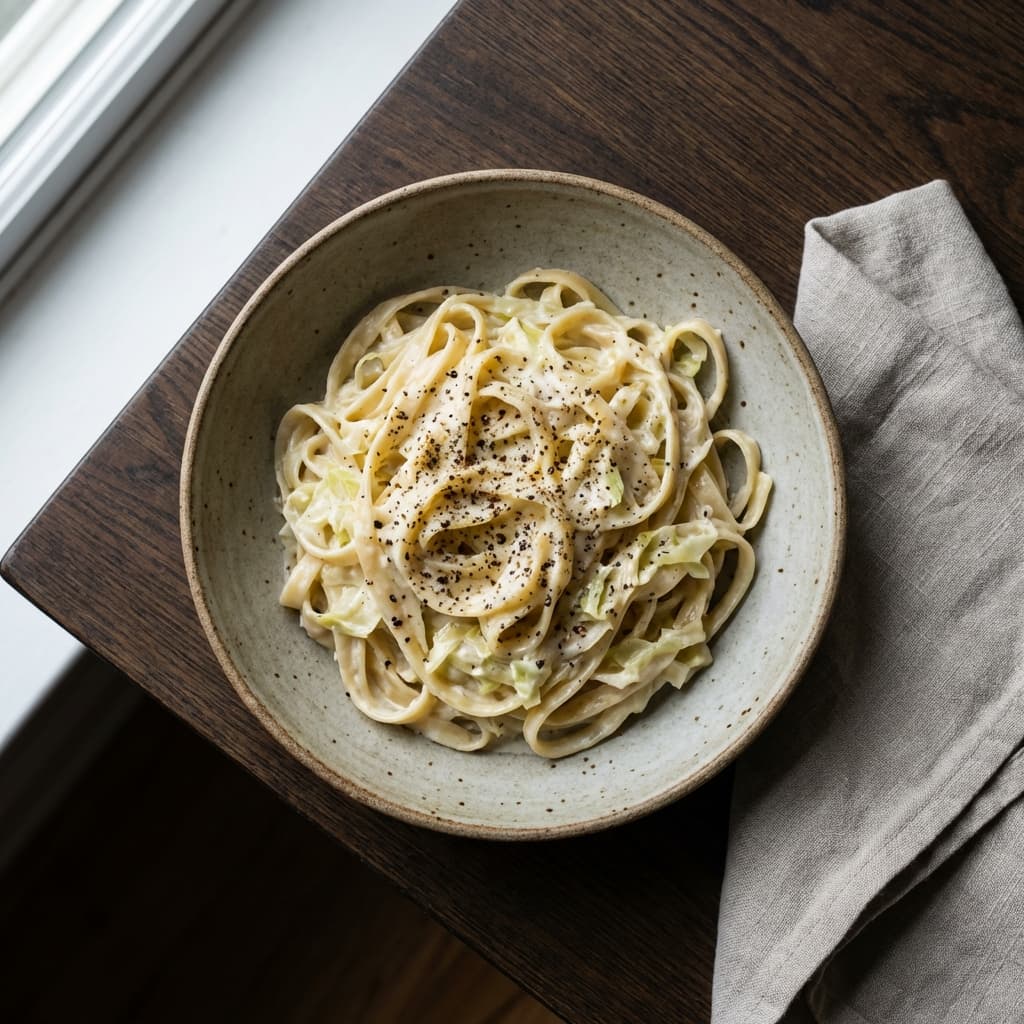 Fettuccine coated in creamy cabbage Alfredo with black pepper