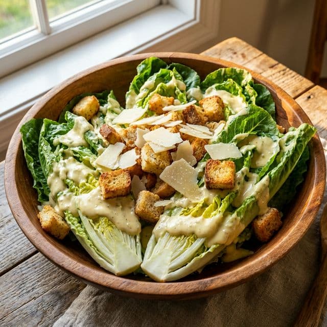 Cold, crisp Romaine hearts coated in a thick, pale yellow creamy dressing with golden croutons and shaved parmesan in a wooden bowl.