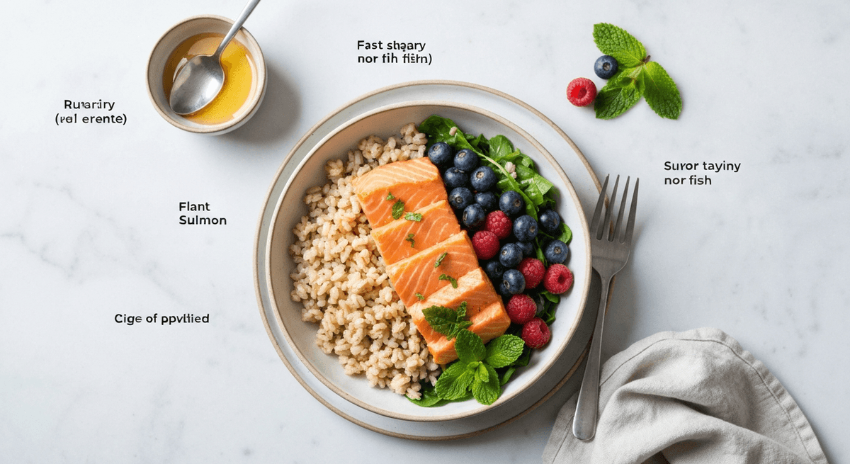 Savory breakfast bowl with salmon, greens, and lemon on a warm grain base