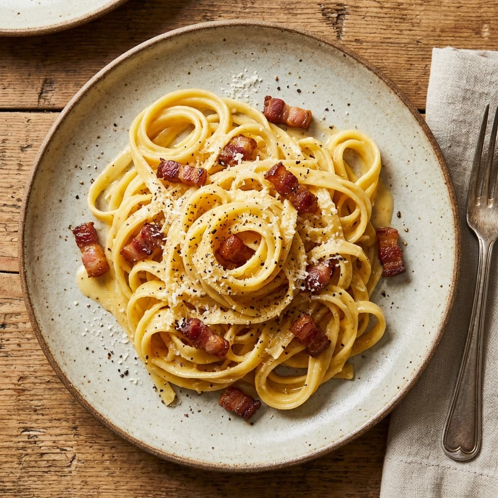 Carbonara: Egg yolks, pork fat, cheese, pepper. NO CREAM.