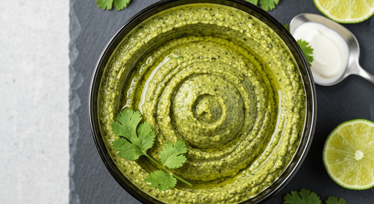 Green herb seasoning paste in a jar with scallions and cilantro