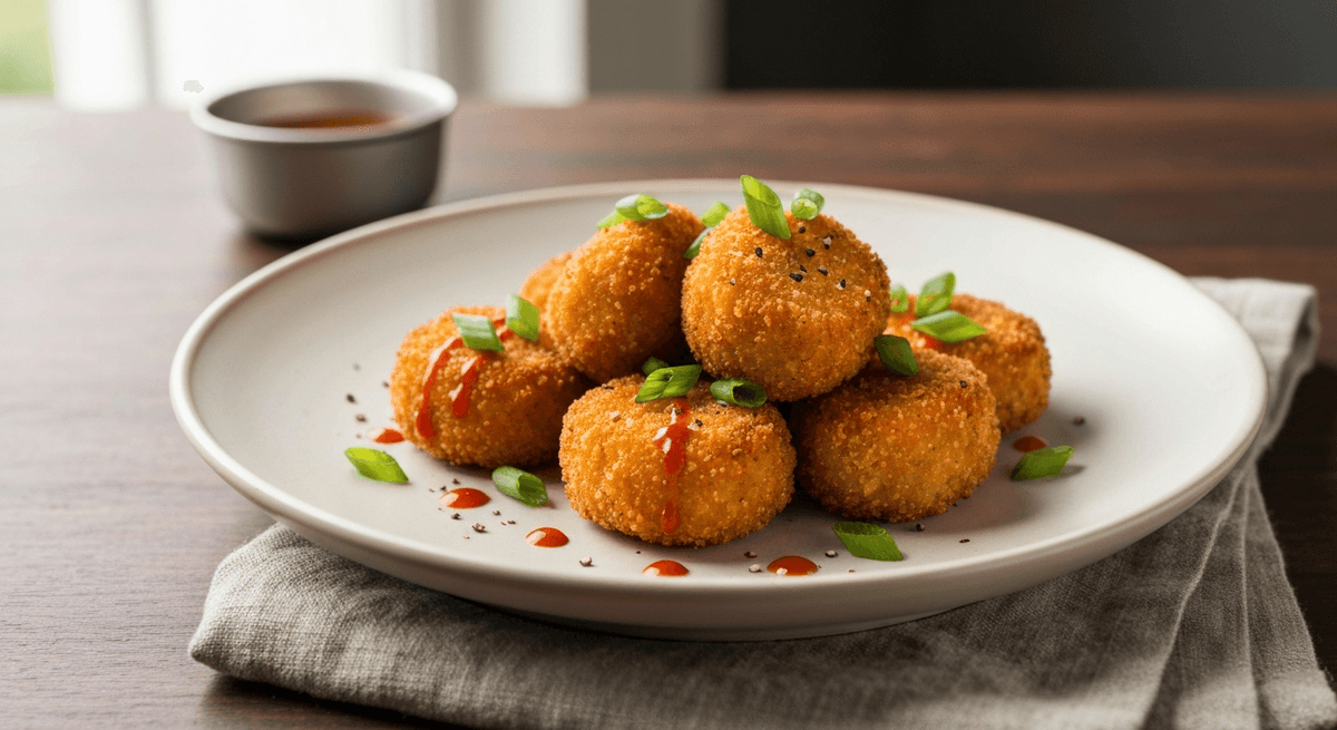 Golden fried catfish nuggets on a rack with dill-speckled pickle spice dust and lemon wedges