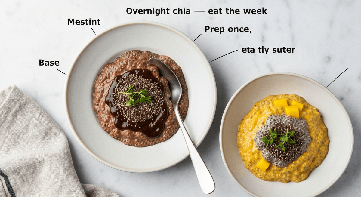 Chia Pudding (Base + Chocolate + Mango): Overnight chia pudding with chocolate and mango variations — prep once, eat all week.