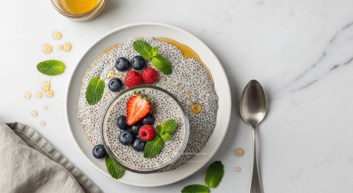 Jar of chia pudding topped with berries and nuts