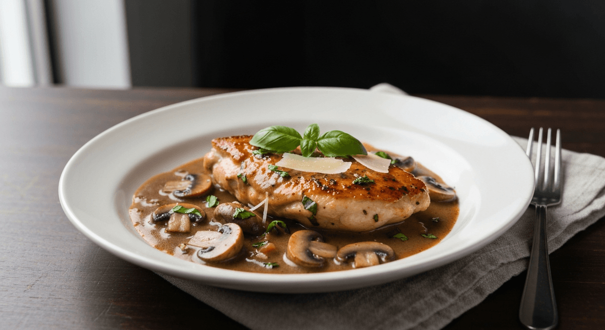 Pan-seared chicken in a rich Marsala wine and mushroom sauce.