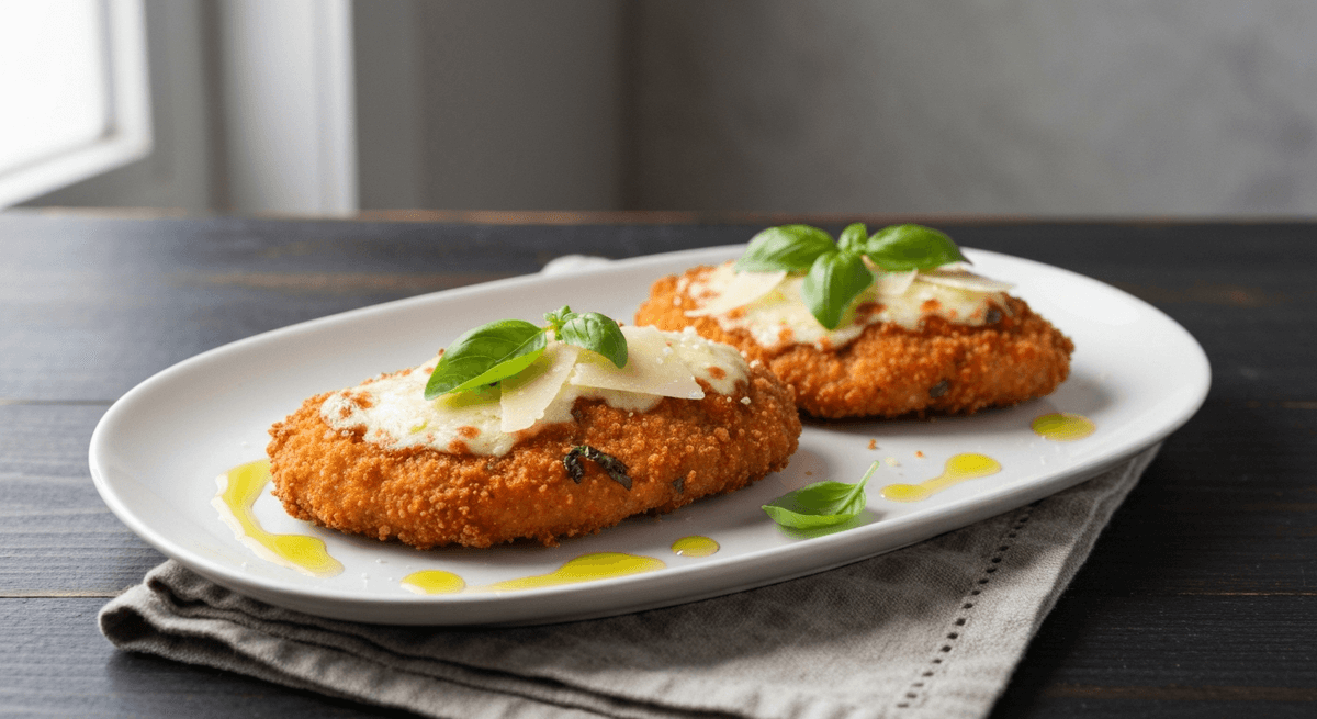 Crispy chicken parmesan — baked or air-fried, never deep-fried.