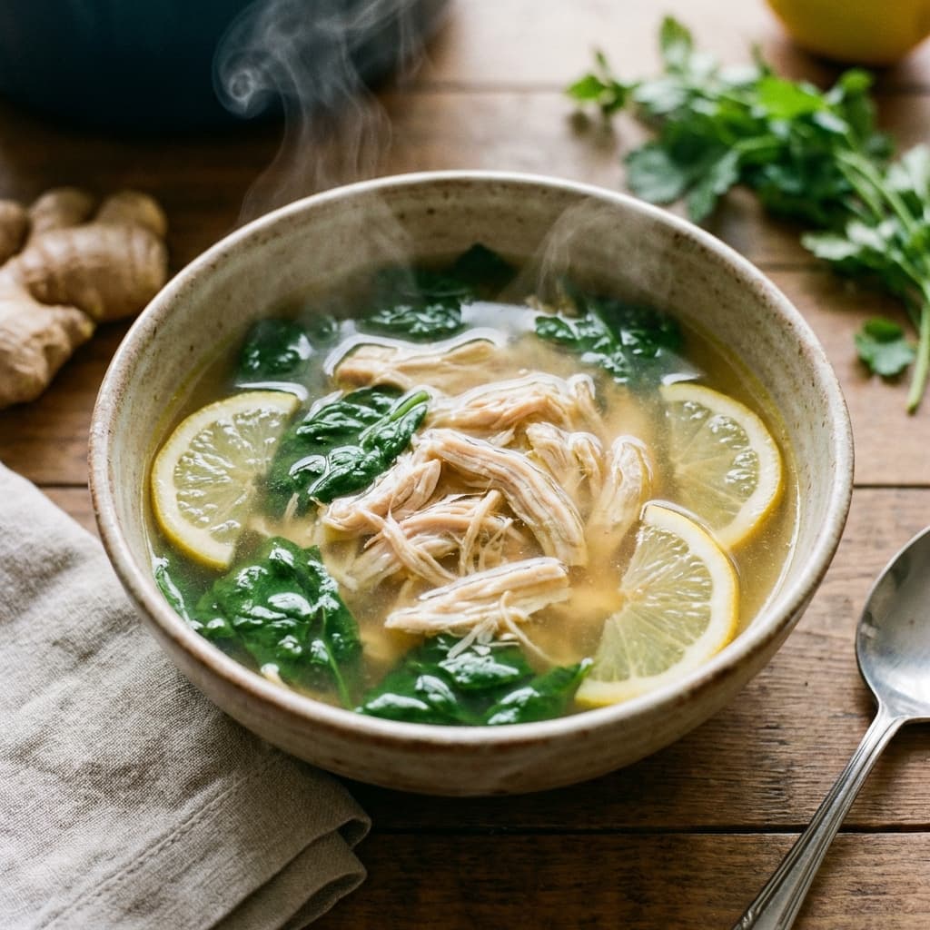 A bowl of clear ginger lemon chicken soup with herbs and lemon