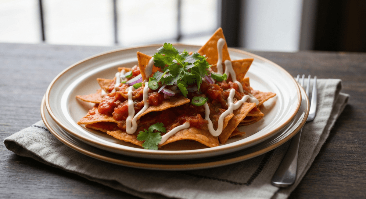 Chilaquiles — Tortilla Breakfast: Transform stale tortillas into a vibrant Mexican breakfast. Crispy chips simmered in tangy salsa, topped with your favorite fixings.