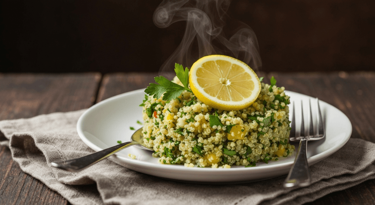 Quinoa tabbouleh-style salad with parsley, tomatoes, cucumber, and citrus dressing
