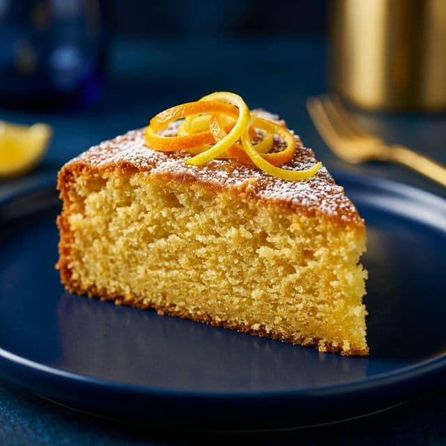 moist slice of golden citrus olive oil cake topped with fresh zest and a light dusting of sugar