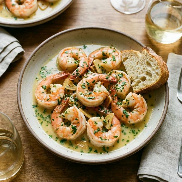 Classic Shrimp Scampi: pink-orange C-shaped shrimp coated in a glossy, opaque garlic butter sauce with fresh parsley and slices of golden garlic.