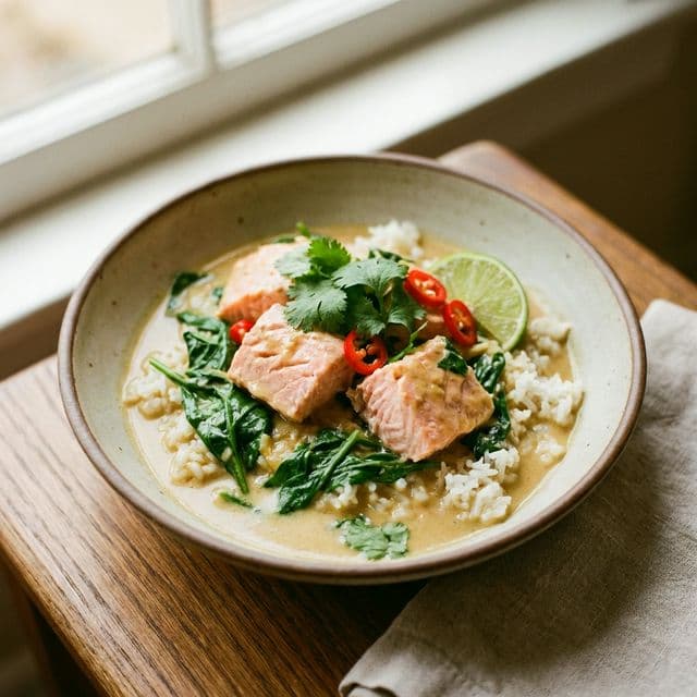 Poached pink salmon chunks and bright green wilted baby spinach in a creamy, pale yellow-brown coconut milk and miso sauce over rice.