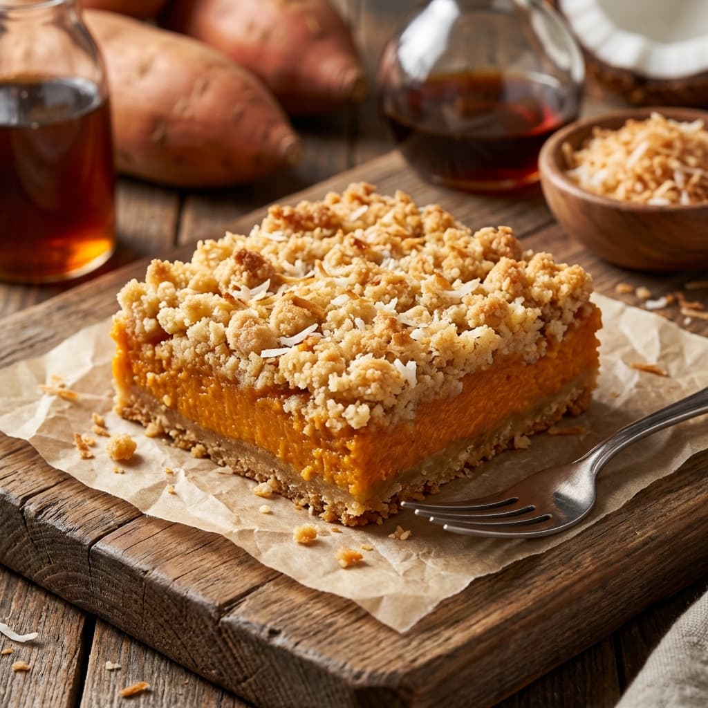 Coconut-Sorghum Sweet Potato Pie Bars: Sweet potato pie you can slice, stack, and travel with.