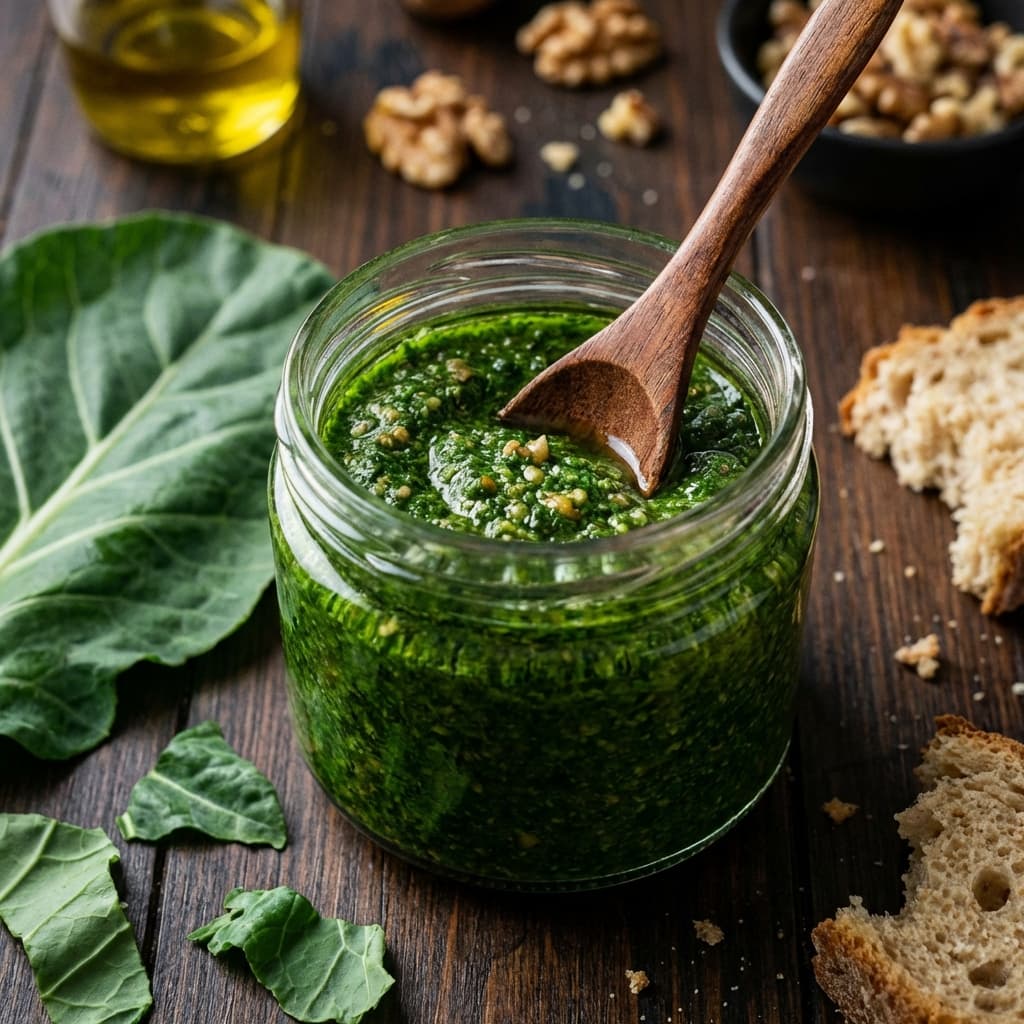 Collard Green Pesto: Pesto with backbone: smoky greens, lemon, pecans.