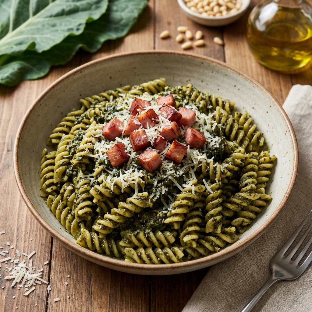Collard Pesto Pasta with Crispy Smoked Turkey