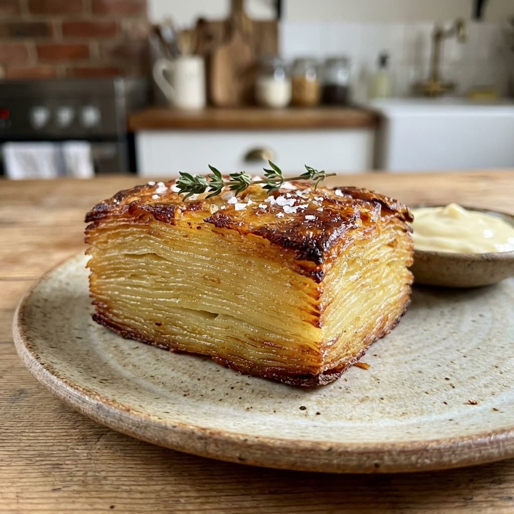 Thousand-layer potato brick, fried in fat.