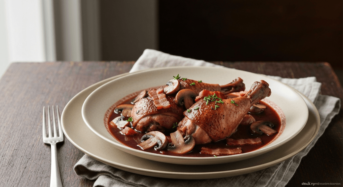 Coq au Vin — Chicken in Wine: Experience the rich flavors of classic French cuisine with this Coq au Vin recipe. Tender chicken braised in red wine with mushrooms and bacon, perfect for a comfortin...