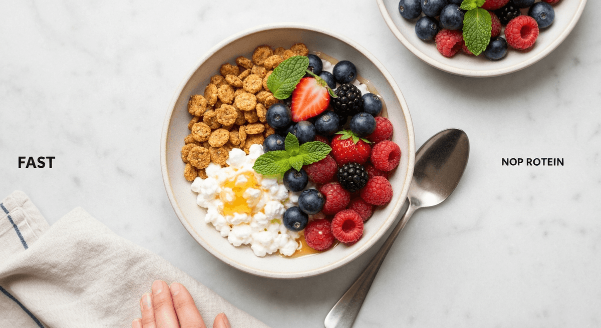 Cottage cheese bowl topped with berries, nuts, and citrus zest