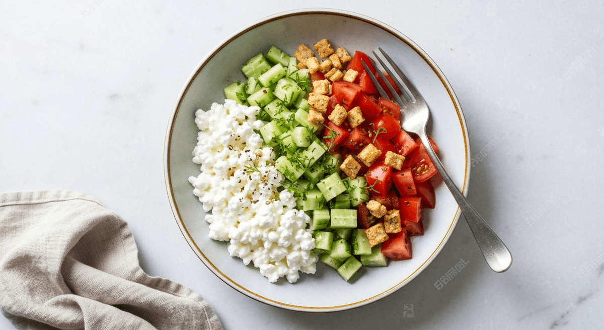 Cottage cheese bowl topped with diced tomato, cucumber, and olive oil